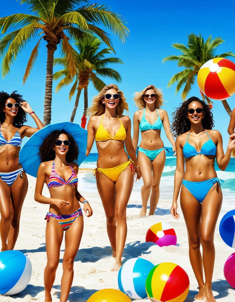 A sunny beach scene with diverse models showcasing various stylish swimwear in vibrant colors, laughing and enjoying the sea waves. Include beach accessories like sunglasses, beach balls, and towels, while palm trees sway in the background. The atmosphere should feel lively and carefree, evoking a sense of fun in the sun. super-realistic. vibrant colors. white background.